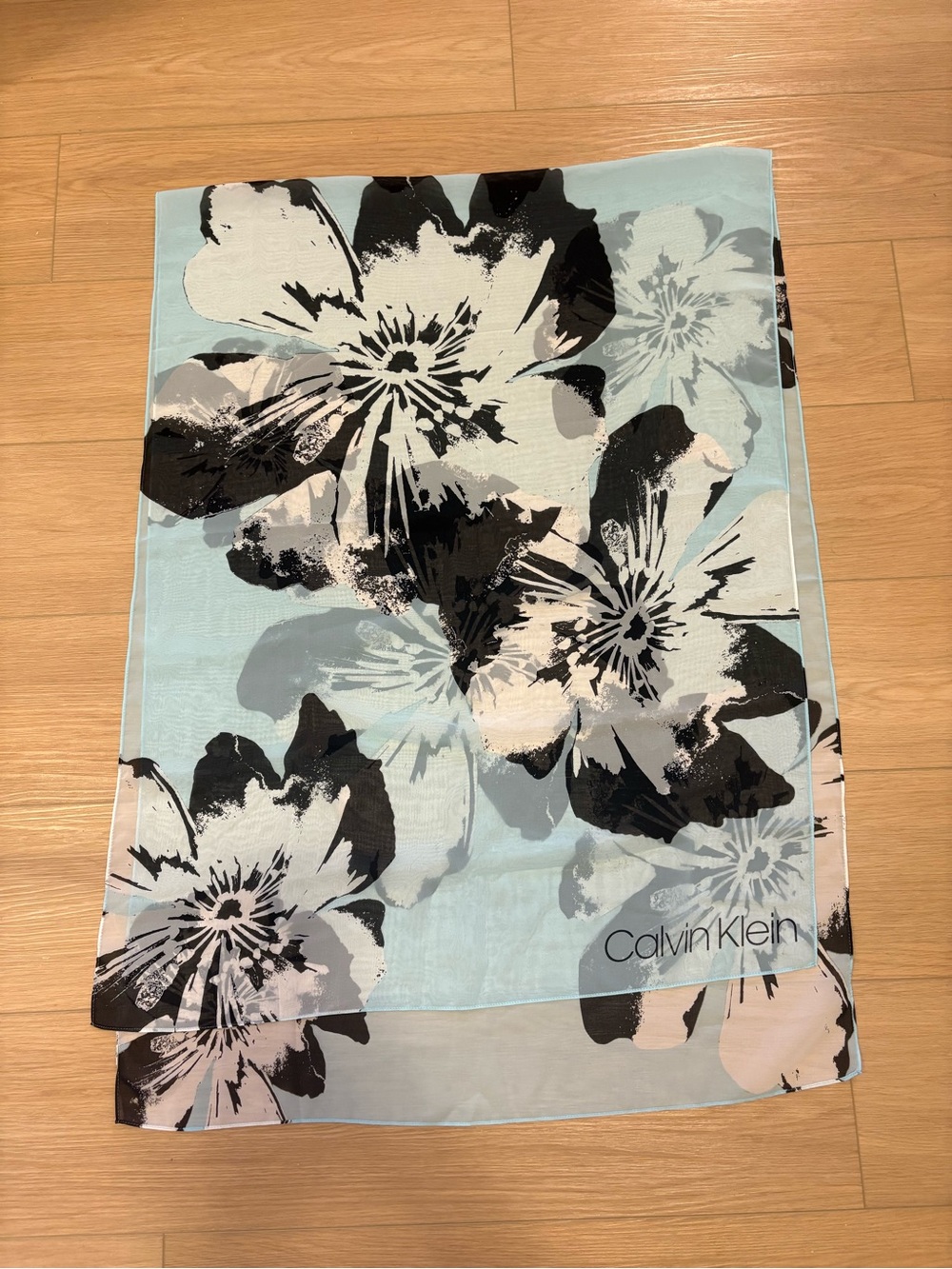 Calvin Klein Chiffon Statement Long Scarf Baby Blue Flowers Versatile Wear 60s
